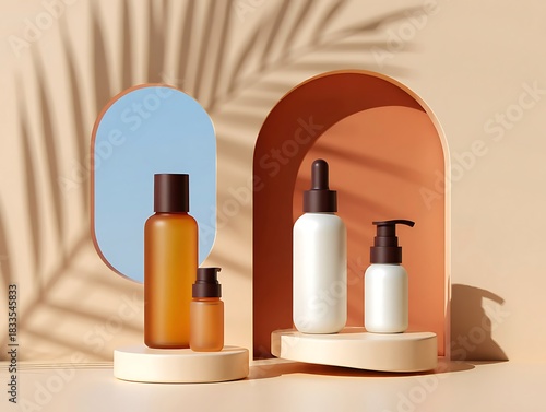Minimalist Cosmetic Bottles with Arch Frames Modern Beauty Product Mockup