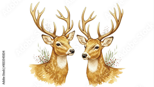 Watercolor Deer Head Duo Illustration, Woodland Stag Portrait Clipart with Leaves and Berries