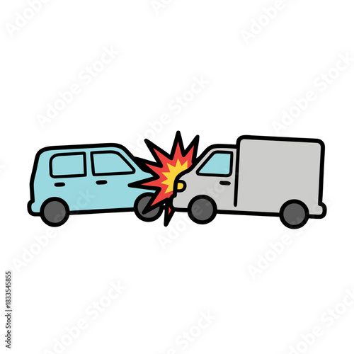 Simple Cartoon Car Crash Blue Van Collides With White Truck On Black Background Vibrant Impact Explosion