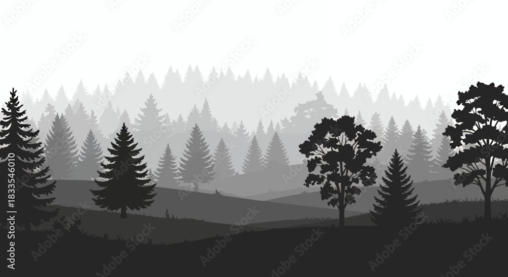 Fototapeta premium A beautiful vector illustration depicting a layered forest landscape with various tree silhouettes in a monochromatic, misty environment.