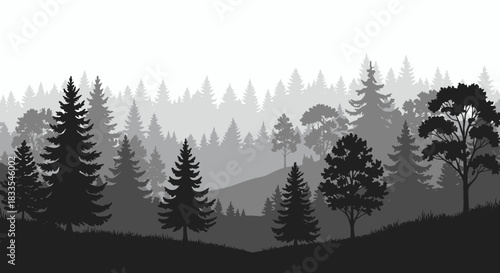 A grayscale vector illustration depicts a dense forest with various trees silhouetted against a misty background, creating a serene and atmospheric woodland scene.