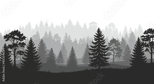 A serene vector illustration of a forest scene, featuring silhouetted trees and a misty, atmospheric background, perfect for nature-themed designs and digital art projects.