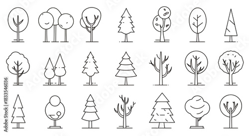 A versatile collection of minimalist outline tree icons, ideal for graphic design projects, web interfaces, and nature-themed illustrations.