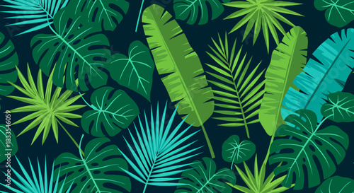 A vibrant, detailed vector illustration showcasing an array of tropical leaves in various shades of green, creating a lush and exotic botanical pattern against a dark background.