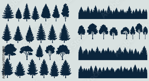 A vector illustration showcases various tree silhouettes, including pine and deciduous types, perfect for nature-themed designs and forestry-related projects, provided in PNG format.