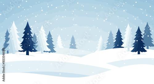 A beautifully stylized vector illustration depicts a serene winter forest landscape featuring snow-covered evergreen trees and gentle falling snowflakes.