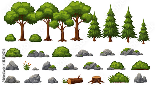 A collection of illustrated trees, bushes, and rocks, perfect for creating digital forest scenes, available as a vector graphic and PNG file for versatile design applications.