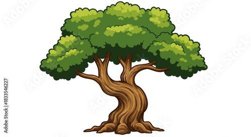 A vibrant cartoon tree illustration, featuring a detailed trunk and lush green foliage, perfect for various design projects and educational materials, isolated on a white background.