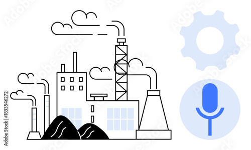Industry, automation, innovation, communication, sustainability, technology. Smoke-emitting factory with stacks, gear and microphone icon. Industry and automation concepts emphasizing innovation