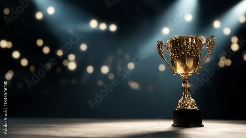 Golden trophy cup illuminated against blurred lights background