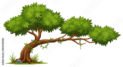 A stylized vector illustration of a single tree with a curved trunk and lush green foliage, perfect for nature-themed designs and environmental projects, isolated on white.