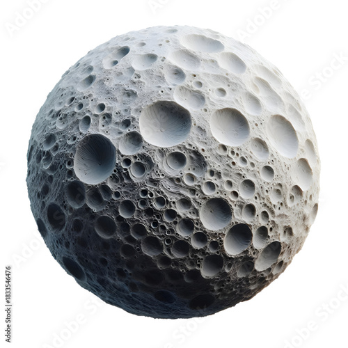 A spherical object resembling the moon with clear three-dimensional details, filled with deep craters and realistic shadows. An artistic design showcasing a fictional lunar surface with fine texture a