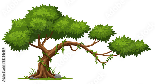 A charming cartoon tree with lush green foliage and winding vines around its sturdy brown trunk, presented as a clean, high-quality vector illustration.