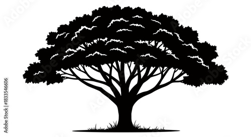This striking black silhouette depicts a mature, broad-canopied tree with intricate branches and dense foliage, rendered as a clean vector graphic.