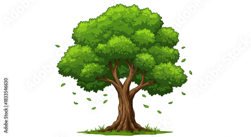Detailed vector illustration of a lush green tree with leaves falling, set against a clean white background, perfect for nature-themed designs and illustrations.