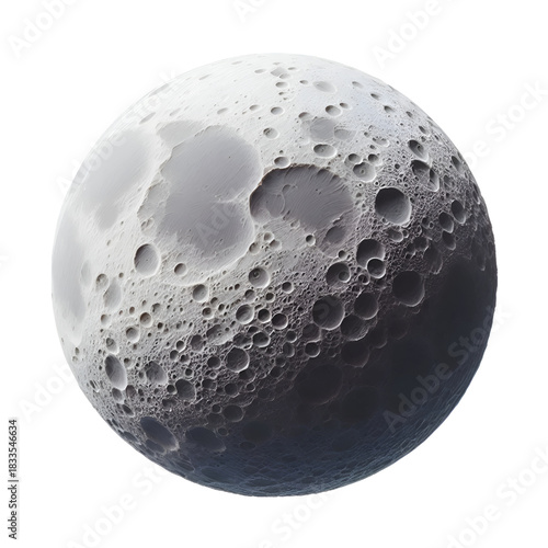 A spherical object resembling the moon with clear three-dimensional details, filled with deep craters and realistic shadows. An artistic design showcasing a fictional lunar surface with fine texture a