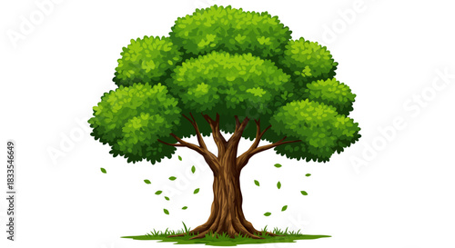 A vibrant and detailed vector illustration of a lush green tree with a sturdy brown trunk and falling leaves, perfect for various design projects and nature-themed visuals.