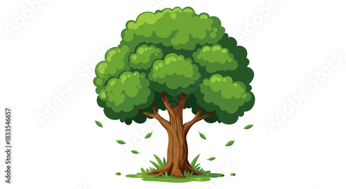 Isolated vector illustration of a deciduous tree with a lush green crown and leaves falling, perfect for nature-themed designs and environmental projects.