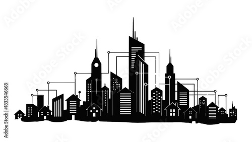 Vector illustration of black silhouette of a modern city skyline with various building shapes isolated on transparent background