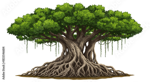 A majestic, ancient tree with sprawling roots and a vibrant green canopy is beautifully rendered as a detailed vector illustration, isolated for versatile design use.