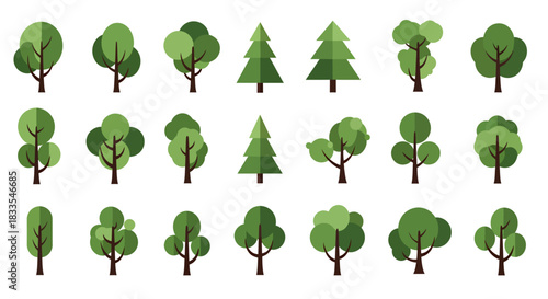 A collection of various tree illustrations, including deciduous and coniferous types, presented as a clean vector graphic suitable for design projects.