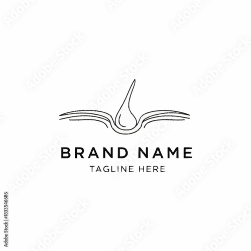 Minimalist line art logo featuring a stylized hair follicle or drop within a wing-like structure.