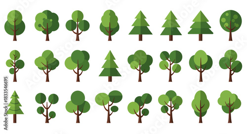 A vibrant collection of diverse cartoon vector trees, perfect for graphic design projects, nature illustrations, or creating charming digital forest scenes.