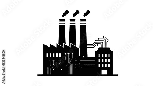 Vector illustration of black and white icon of a modern factory building with smokestacks and integrated circuit board design elements isolated on transparent background