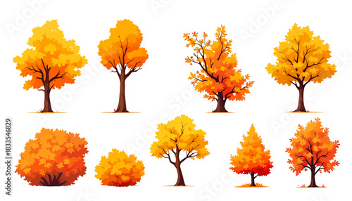 A charming collection of vibrant autumn trees and bushes featuring colorful orange and yellow foliage, presented as isolated vector illustrations.