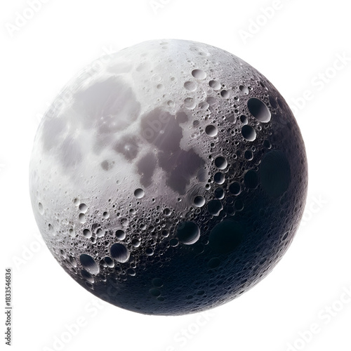 A spherical object resembling the moon with clear three-dimensional details, filled with deep craters and realistic shadows. An artistic design showcasing a fictional lunar surface with fine texture a