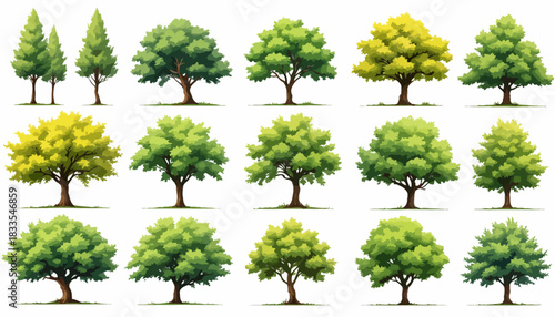 Collection of vector tree illustrations in various shapes and shades of green, perfect for nature-themed designs and environmental projects, offering a clean, scalable graphic.