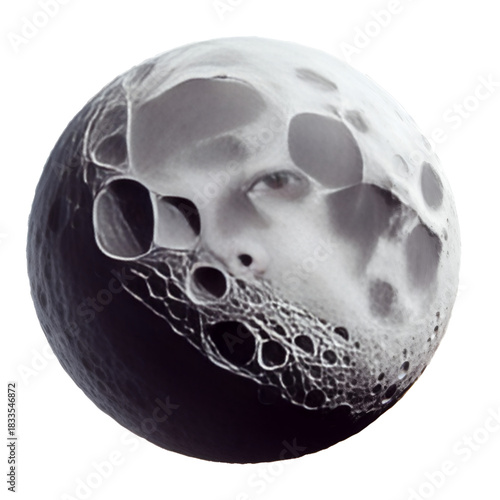 A spherical object resembling the moon with clear three-dimensional details, filled with deep craters and realistic shadows. An artistic design showcasing a fictional lunar surface with fine texture a