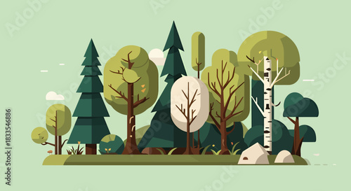 A vibrant vector illustration showcases a collection of stylized trees in a lush forest setting, perfect for nature-themed designs and eco-friendly projects with a modern aesthetic.