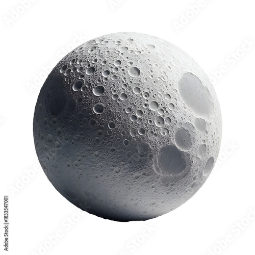 A spherical object resembling the moon with clear three-dimensional details, filled with deep craters and realistic shadows. An artistic design showcasing a fictional lunar surface with fine texture a