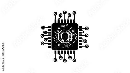 Vector illustration of black and white icon of a computer microchip or processor with connection pins, isolated on transparent background
