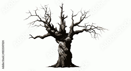 A detailed vector illustration of a gnarled, old, and bare tree with twisted branches, perfect for spooky designs and environmental themes.