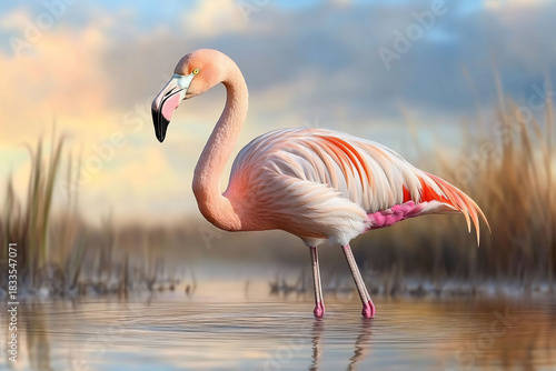 A pink flamingo standing gracefully in shallow water at sunset.