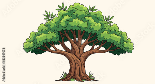 A vibrant, stylized cartoon tree illustration featuring a thick brown trunk and lush green foliage, isolated as a versatile graphic design element.