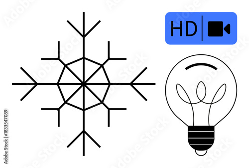 Technology, creativity, innovation, winter, media, visual . Features a snowflake, light bulb and HD video icon. Creativity and technology concept art for versatile usage