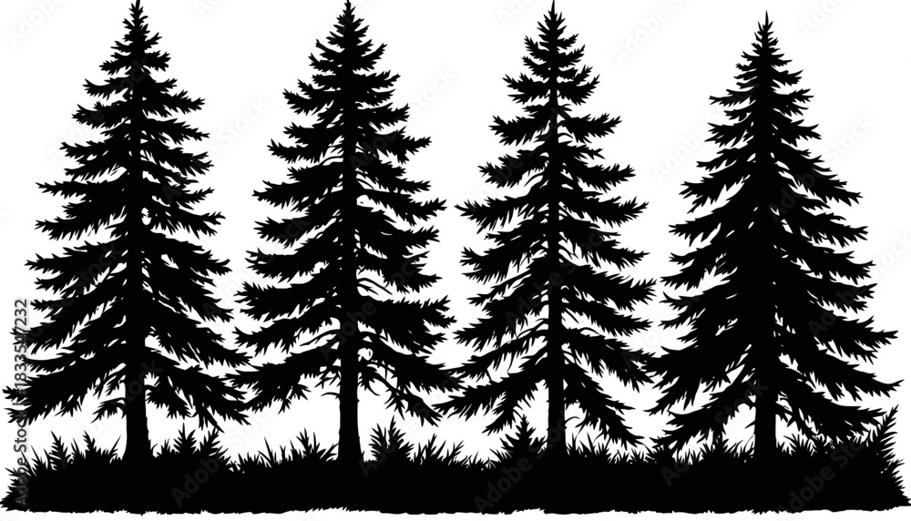 Obraz premium A simple vector illustration of evergreen trees in a row, with a silhouette style and transparent background, ideal for nature-themed designs and winter projects.