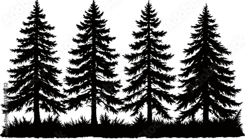 A simple vector illustration of evergreen trees in a row, with a silhouette style and transparent background, ideal for nature-themed designs and winter projects.