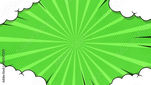 Dynamic retro pop comic animation background with radial burst and dotted texture, featuring playful cartoon clouds. Perfect for fun intros, kids content, and nostalgic comic style projects