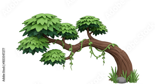 Stylized vector graphic of a lush, green tree with a winding trunk and vibrant foliage, isolated on a white background, perfect for nature-themed designs.