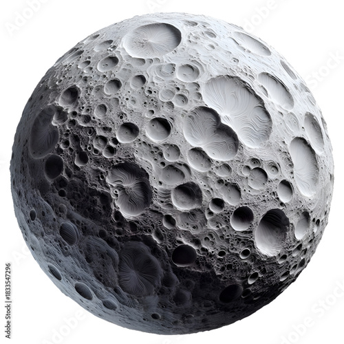 A spherical object resembling the moon with clear three-dimensional details, filled with deep craters and realistic shadows. An artistic design showcasing a fictional lunar surface with fine texture a