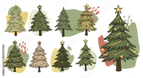 Collection of hand-drawn Christmas trees in vector format, featuring various styles and decorations, perfect for holiday-themed designs and festive illustrations.
