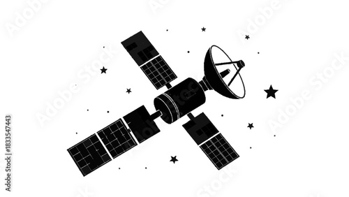 Vector illustration of black and white illustration of an orbiting communication satellite with solar panels isolated on transparent background