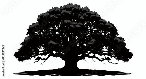 This striking black silhouette of a majestic, mature tree with a wide canopy is a versatile vector graphic presented on a clean white background.