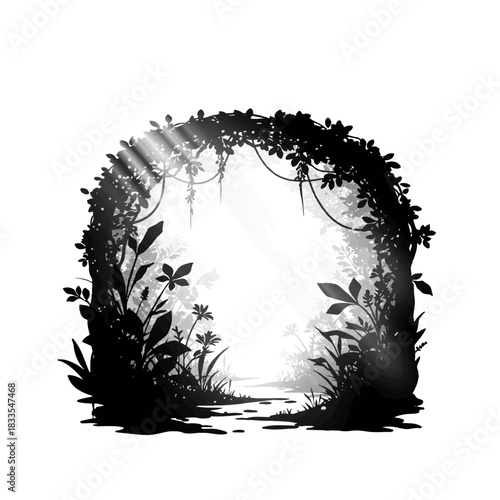 Enchanted forest archway with sunbeams filtering through dense foliage.