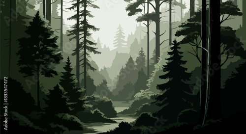 A tranquil vector illustration depicts a dense forest with tall trees and a misty atmosphere, perfect for backgrounds and nature-themed designs, with a PNG format.