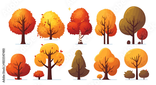 A vibrant collection of stylized autumn trees in various shapes and sizes, presented as a vector graphic, perfect for seasonal designs and illustrations with a warm, inviting aesthetic.